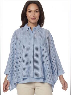 Wynne Layers NEW Eyelet Cotton L Boxy Shirt Oversize Blue Dolman Sleeves Top Tag